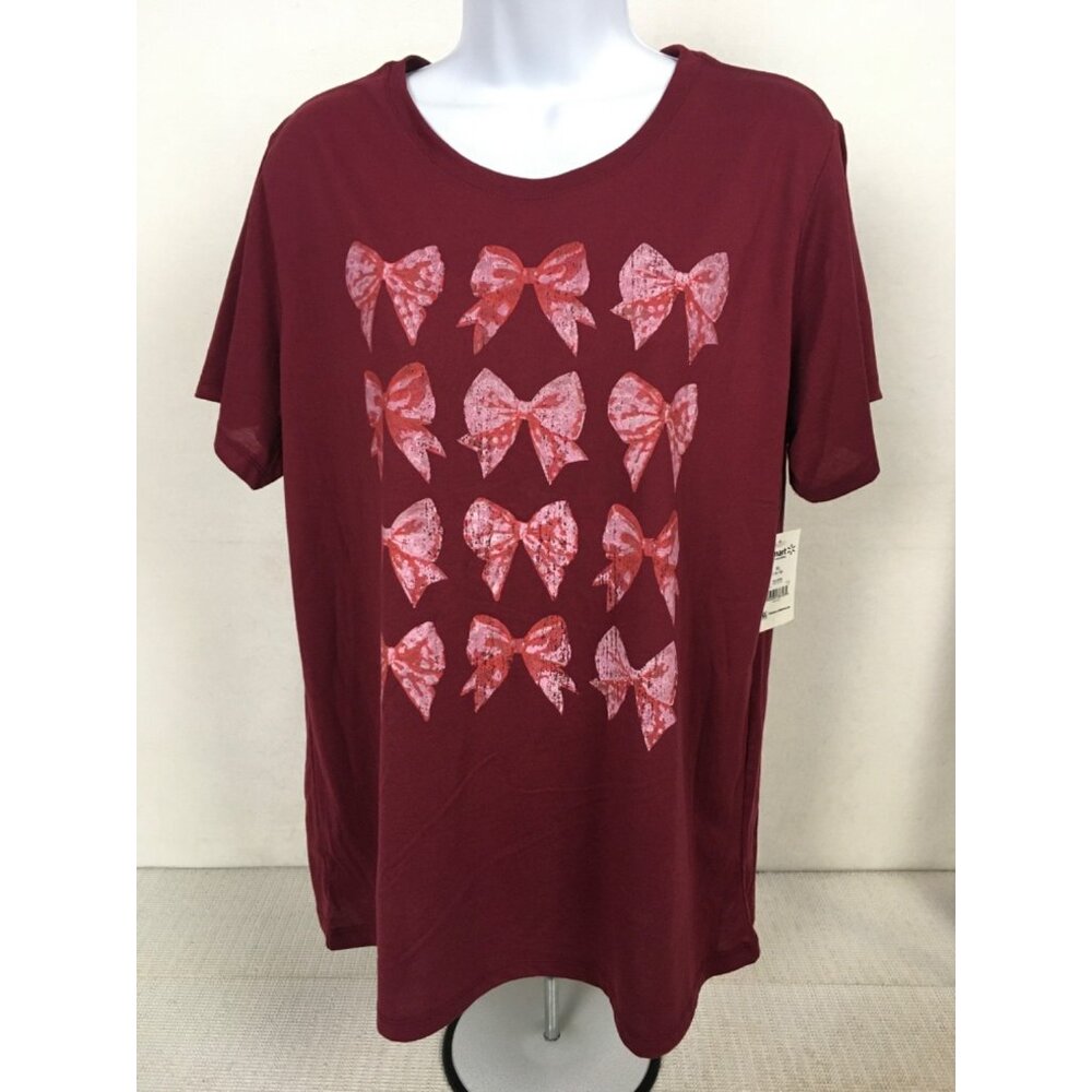 Positive Tees Top Women Size XL 16 to 18 Red with Bows Short Sleeves T shirt New